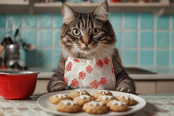Cat in an apron, sitting at a kitchen table, surrounded by freshly baked cookies and ingredients, with a cozy atmosphere