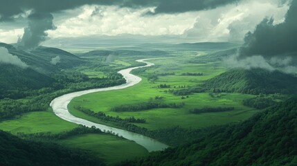 Fototapeta premium Vast winding river flowing through lush green valley surrounded by mountains under dramatic cloudy sky Copy Space