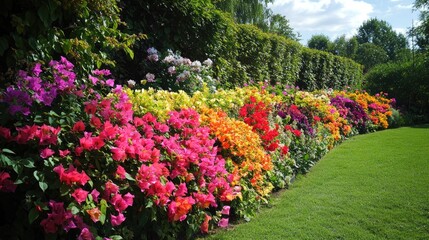 Colorful blooming flower garden with various species and lush green grass Copy Space