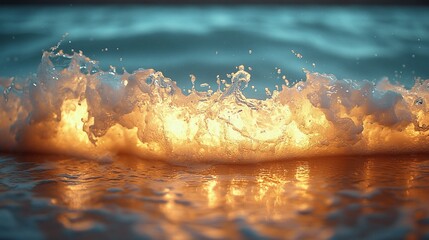 Fiery ocean wave splash at sunset, reflecting golden light.