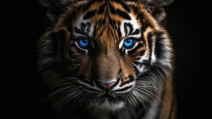 Fototapeta premium Close-up portrait of a Bengal tiger with striking blue eyes against a dark background featuring Copy Space for text.