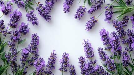 Lavender flowers arranged in a circular pattern on a white background with Copy Space for text placement