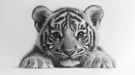 Adorable baby tiger cub closeup monochrome portrait.