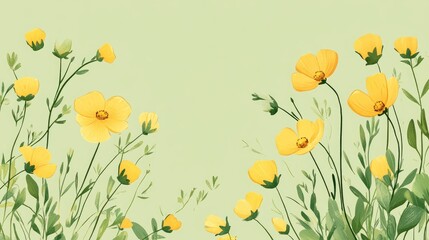 Naklejka premium Yellow wildflowers on light green background with soft leaves and copy space for text application