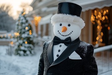 Joyful snowman in a tuxedo stands near a decorated tree with twinkling lights during winter festivities