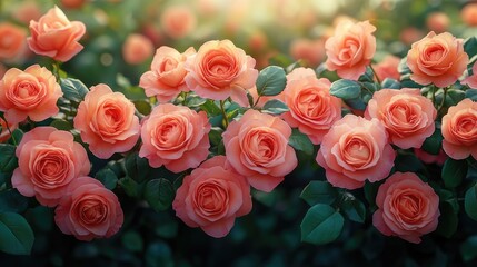Obraz premium Vibrant blooming coral roses in a garden setting with lush green leaves and soft sunlight Copy Space