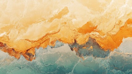 Abstract aerial view of colorful rocky coastline with golden and turquoise hues and textured patterns Copy Space