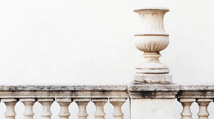 Fototapeta premium Classical stone balustrade with a decorative urn against a plain wall providing ample Copy Space for text insertion