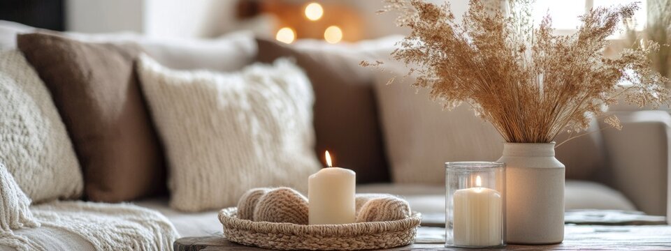 Cozy living room interior with candles, decorative vase with dried flowers, and soft textiles on a comfortable sofa with Copy Space
