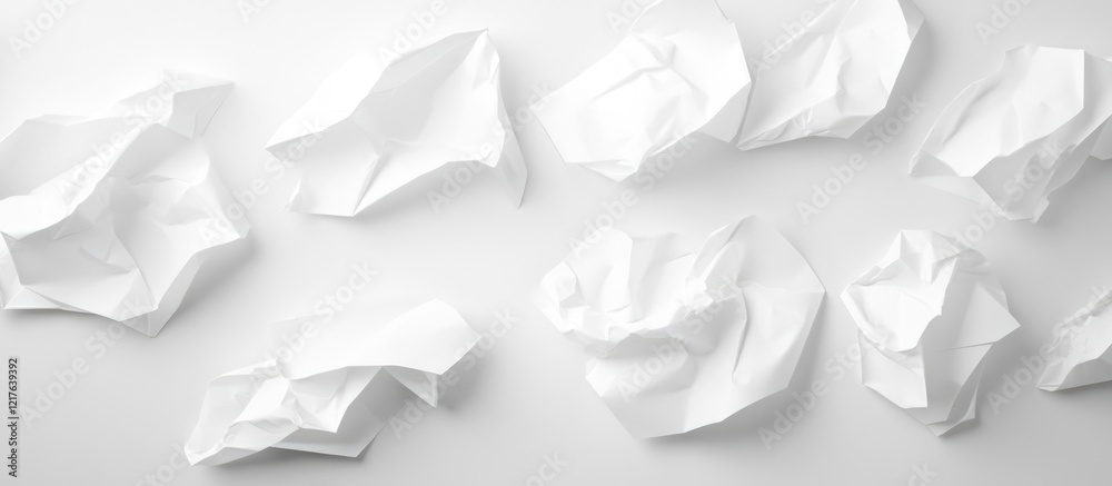 Poster crumpled white paper sheets on a plain background with copy space for text or graphic design element