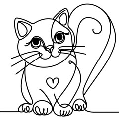 Obraz premium Adorable Minimalist Cat Line Art Illustration - Cute Feline Doodle with Whiskers and Heart