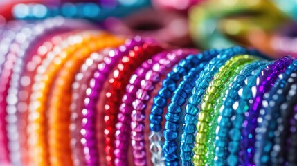 Colorful beads of various sizes arranged in a row with blurred background and Copy Space available for text.