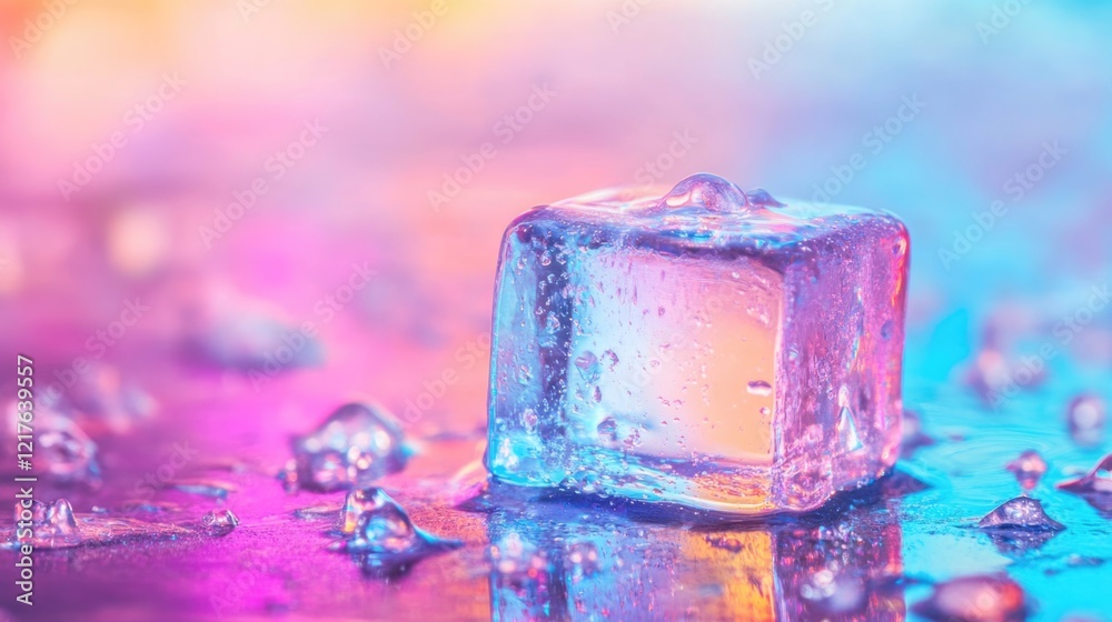 Poster ice cube on colorful reflective surface with droplets and copy space for text.