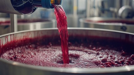 Wine fermentation process in stainless steel tank with pouring liquid red wine and bubbles Copy Space