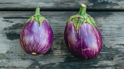 Fototapeta premium Fresh purple eggplants on weathered wooden surface with natural lighting and Copy Space for text placement