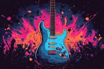 Vibrant electric guitar surrounded by energetic crowd at a nighttime rock concert