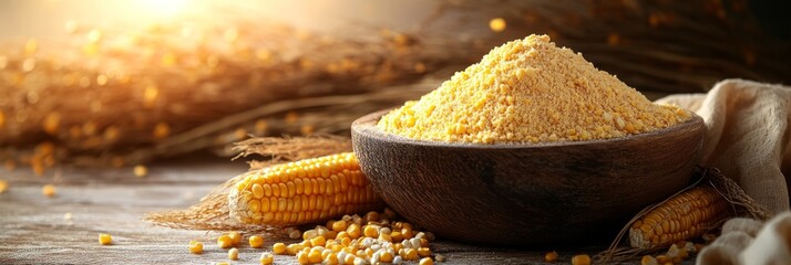 Golden Corn Flour in Rustic Wooden Bowl with Fresh Corn Cobs, Food Background with Copy Space