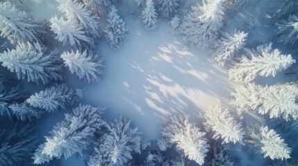 Aerial view of snow-covered forest with frost-covered trees casting shadows on the white ground Copy Space