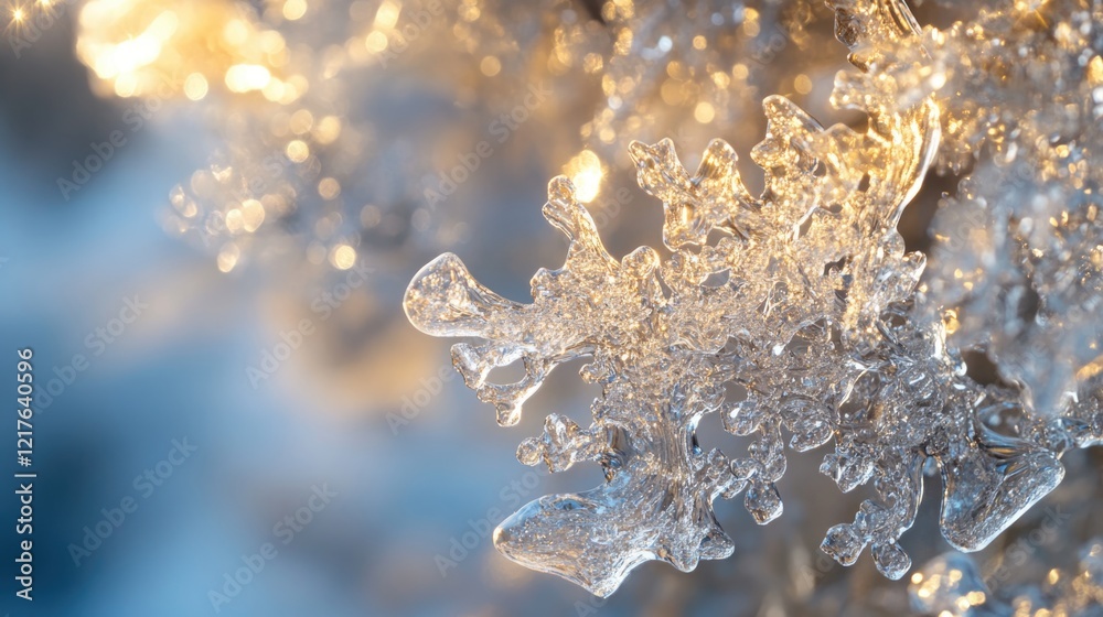 Poster close-up of a snowflake with intricate details and a blurred background showcasing shimmering light 