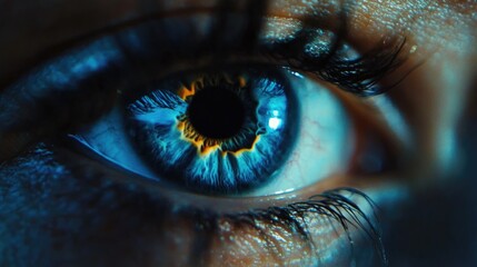 Close-up of human eye with vibrant blue iris and detailed pupil showing fiery orange patterns Copy Space