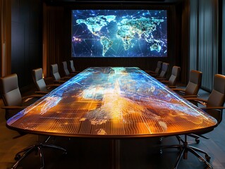 Holographic projections global trade networks visualized on conference tables.