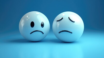 Fototapeta premium Two glossy blue emotion spheres representing happiness and sadness against a blue background with Copy Space