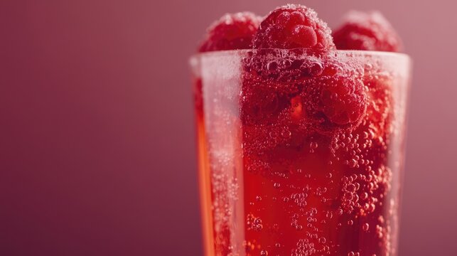Raspberry soda drink with bubbles in a clear glass against a blurred pink background with Copy Space