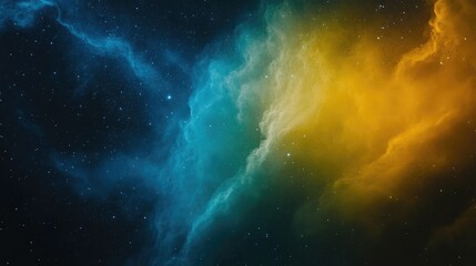 Fototapeta premium Colorful cosmic nebula in deep space with blue and yellow hues, featuring scattered stars and dark background, ideal for creative projects and Copy Space.