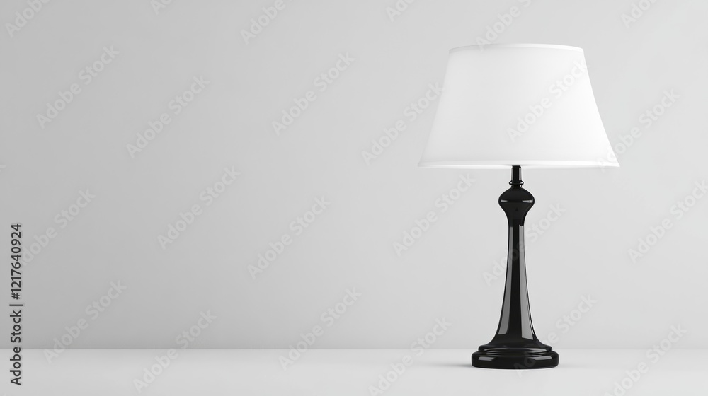 Poster black table lamp with white shade on minimalistic gray background with copy space for text placement