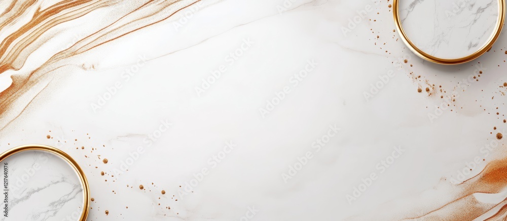 Poster abstract marble background with fluid golden lines and circular frames on top, featuring ample copy 