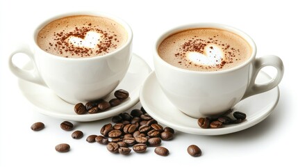 Obraz premium Two cups of cappuccino with heart-shaped foam on top surrounded by coffee beans on white background Copy Space