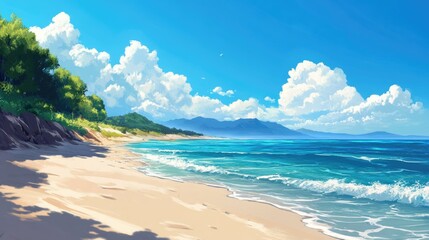 Tranquil sandy beach under a bright blue sky with gentle waves inviting relaxation and appreciation of nature's serene beauty