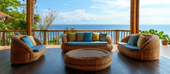 Fototapeta premium Bamboo furniture in tropical setting with ocean views offering spacious area for text or branding promotion