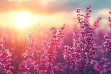 Obraz premium Vibrant pink flowers bloom under a golden sunset in a serene landscape