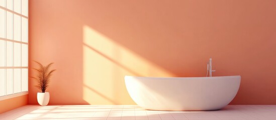Elegant bathroom featuring a modern soaking tub with warm water and abundant natural light, complemented by soothing peach walls and minimalist decor.