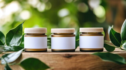Three amber glass jars with white labels on a wooden surface surrounded by green foliage and blurred natural background Copy Space
