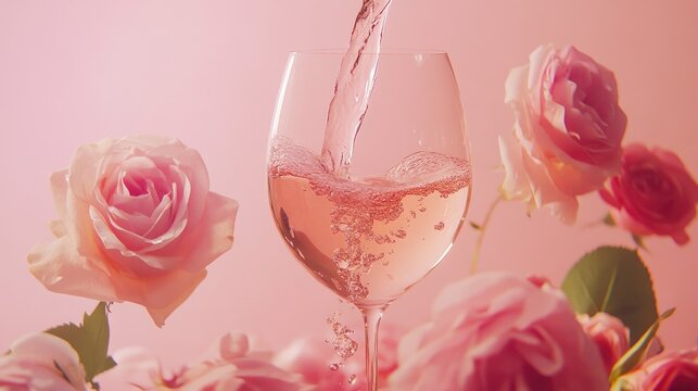 Rose wine being poured into a glass surrounded by pink roses on a soft pink background with Copy Space