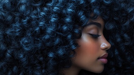 Fototapeta premium Profile of a young woman with voluminous curly hair against a dark background showcasing natural beauty and texture Copy Space