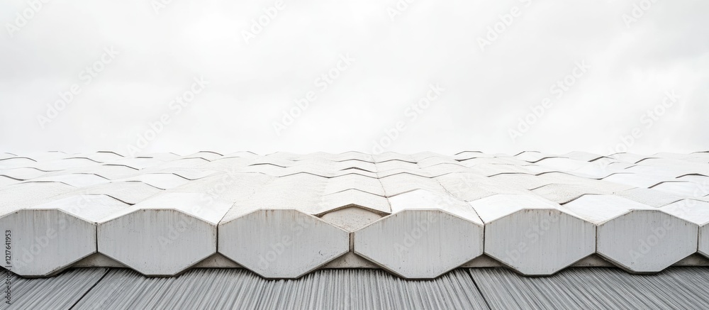 Poster abstract view of textured hexagonal roof tiles in a monotone color palette with cloudy sky overhead 
