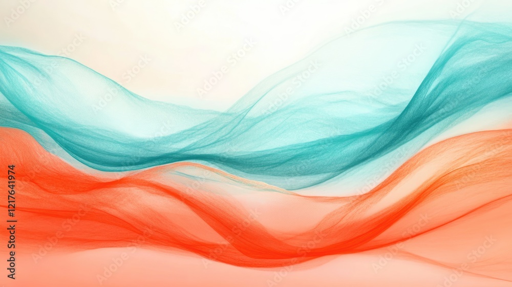 Fototapete Abstract wave patterns in soft pastel colors of blue, orange, and cream with smooth gradients and copy space for text placement.