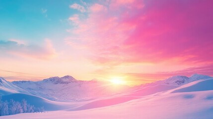 Fototapeta premium Vibrant winter sunset over snow-covered mountains with colorful sky and Copy Space for text placement