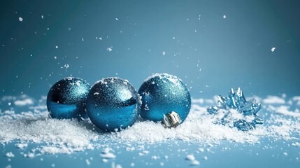 Blue Christmas ornaments and snowflakes on a light blue background with copy space for holiday themes.
