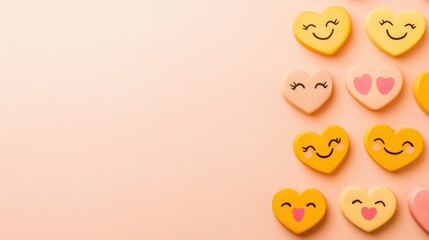 Colorful heart-shaped emojis with various facial expressions arranged on a pastel background with Copy Space for text or graphics.