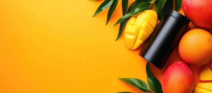 Battery and tropical mango fruits arranged on vibrant orange background with ample copyspace for text or promotional use