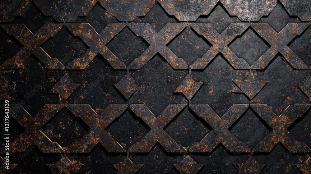Poster textured geometric pattern on dark metallic surface with rust accents and copy space for design proj