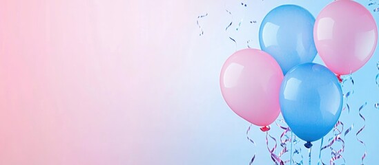 Birthday banner with vibrant balloons and streamers on a gradient blue and pink background featuring ample copyspace for personalized text