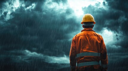 Man in hard hat and work uniform stands before stormy sky with dark clouds and rain highlighting his resilience in challenging conditions