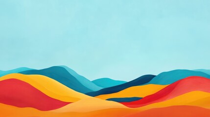 Colorful abstract landscape with rolling hills and a blue sky featuring ample copy space for text.