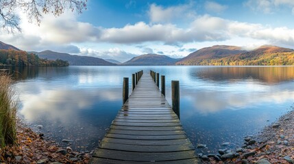 Fototapeta premium Scenic lake view with wooden jetty and reflections in calm water under blue sky with clouds Copy Space