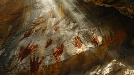Ancient hand prints on cave walls illuminated by golden rays of light.